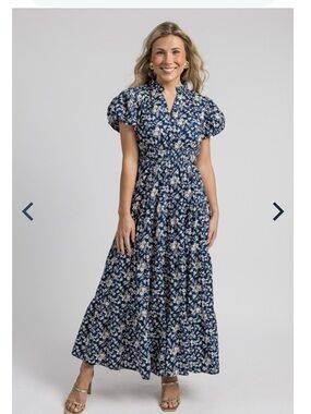 Entro Navy Floral Maxi Tiered Dress with Puff Sleeves Cotton Beautiful Small